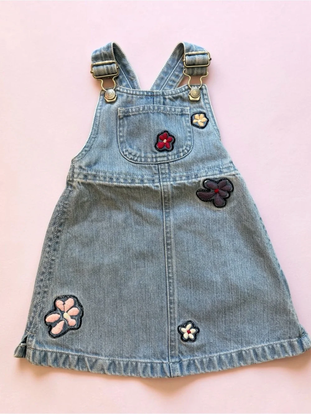 Baby Gap Vintage Y2K Embroidered Floral Denim Overall Dress 12-18 Months EUC